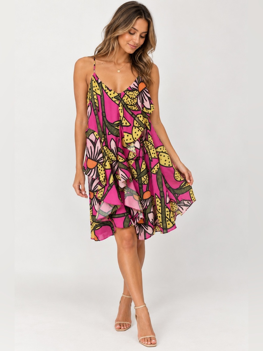 ASOS Tropical Floral Ruffle Cami Mini Dress Pink Size 4